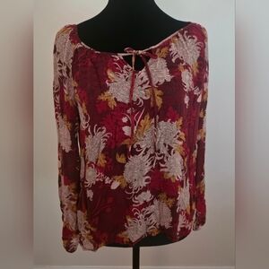 Lucky Brand Long Sleeve Shesr Maroon & Red Chrysanthemum Print Pullover Top Sz S